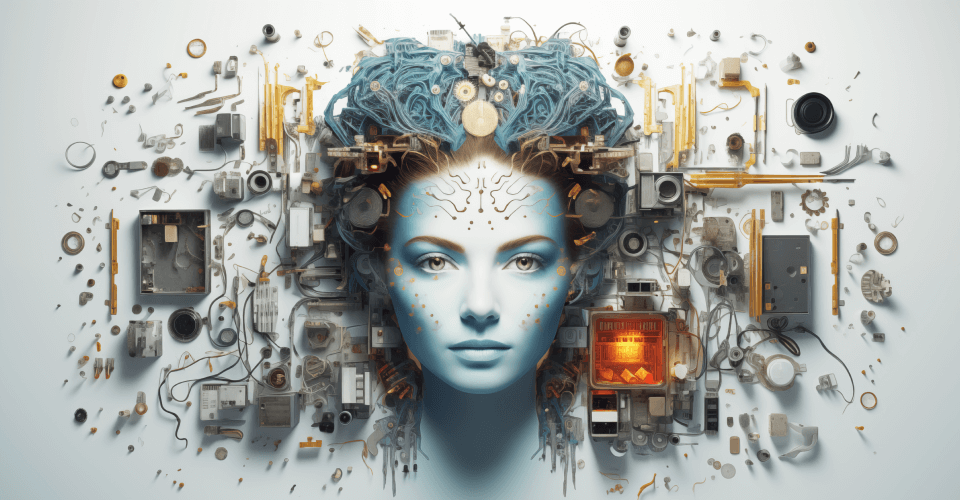 Elevating Mortgage Bfsi Operations: How Azure Cloud Solutions Drive Efficiency And Innovation 3 A conceptual art piece featuring a female figure with mechanical and electronic components integrated into her hair, symbolizing the fusion of human intelligence with advanced technology.