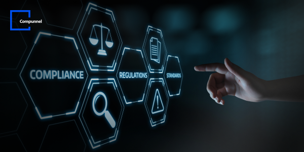 The Key To Agile Mortgage Bfsi Operations: Insights Into Power Platform Capabilities 1 Human finger pointing at digital interface with icons for compliance, regulations, and standards in a technology concept.