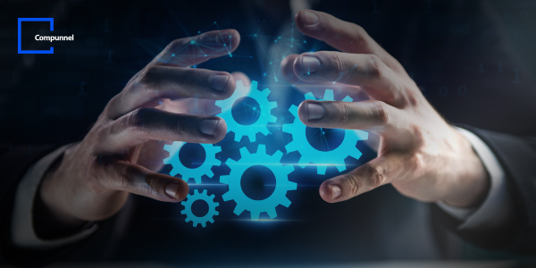 The Key To Agile Mortgage Bfsi Operations: Insights Into Power Platform Capabilities 2 Business professional manipulating glowing blue gear icons symbolizing strategy and innovation in the tech industry.