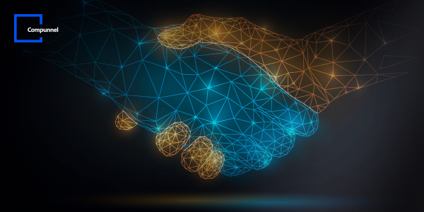 The Key To Agile Mortgage Bfsi Operations: Insights Into Power Platform Capabilities 8 Wireframe digital handshake representing a connection between Compunnel and technology partners in a network concept