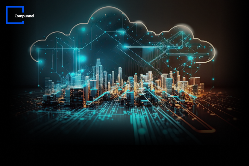 Digital transformation of a cityscape within a cloud, representing SQL to Azure migration by Compunnel"
