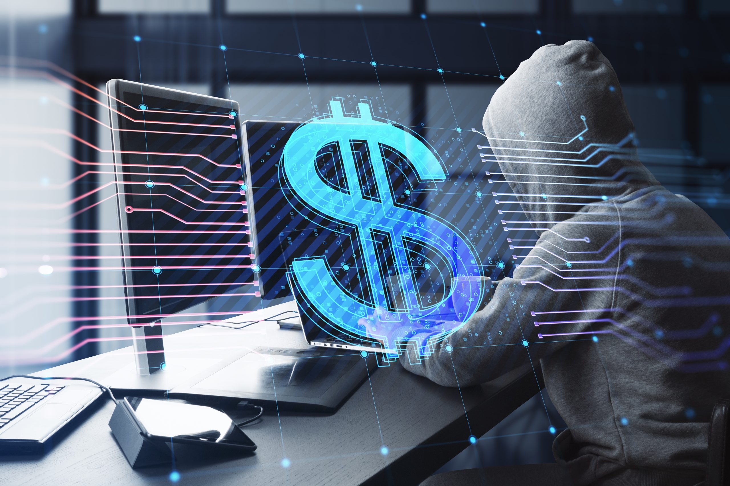 side view hacker desktop using computers with glowing dollar hologram lines blurry office interior background ecommerce online banking cryptocurrency finance concept double exposure scaled