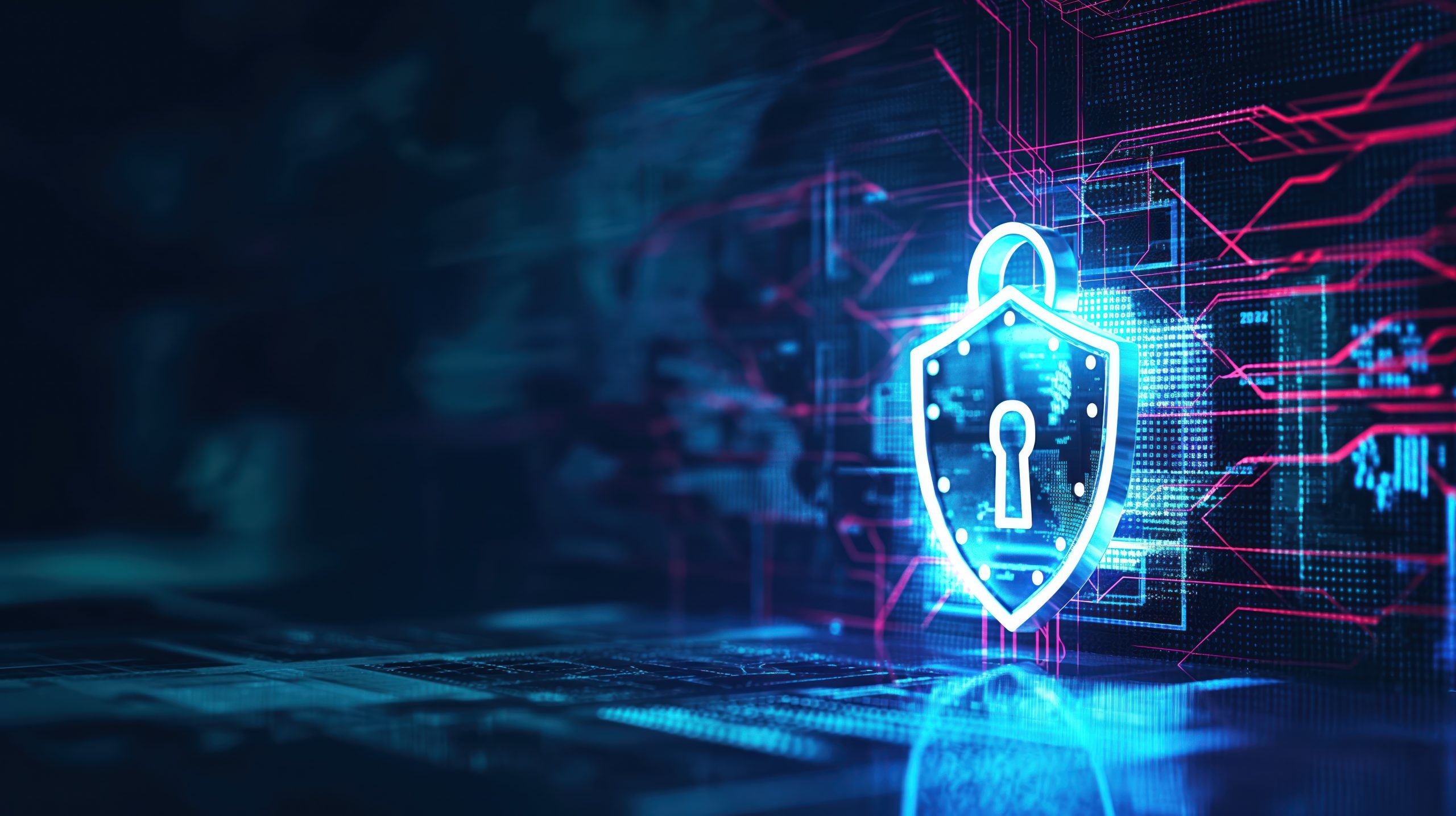 digital illustration blue shield with keyhole center network background red black scaled