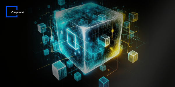 This image features a digital illustration of a large central cube glowing with blue and yellow lights, surrounded by numerous smaller cubes in a dark space, representing a concept likely related to technology or digital data. The cubes are connected by thin lines, possibly suggesting a network or system. The background is black, enhancing the luminous effect of the cubes. In the upper left corner, there is a logo with the text "Compunnel."