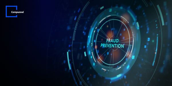  A futuristic holographic display with the words "FRAUD PREVENTION" at the center, surrounded by digital elements, with the Compunnel logo above.