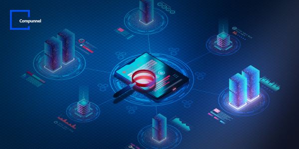 An isometric illustration depicts a tablet with data analytics graphics, surrounded by holographic bar graphs and network connections, featuring the 'Compunnel' logo.