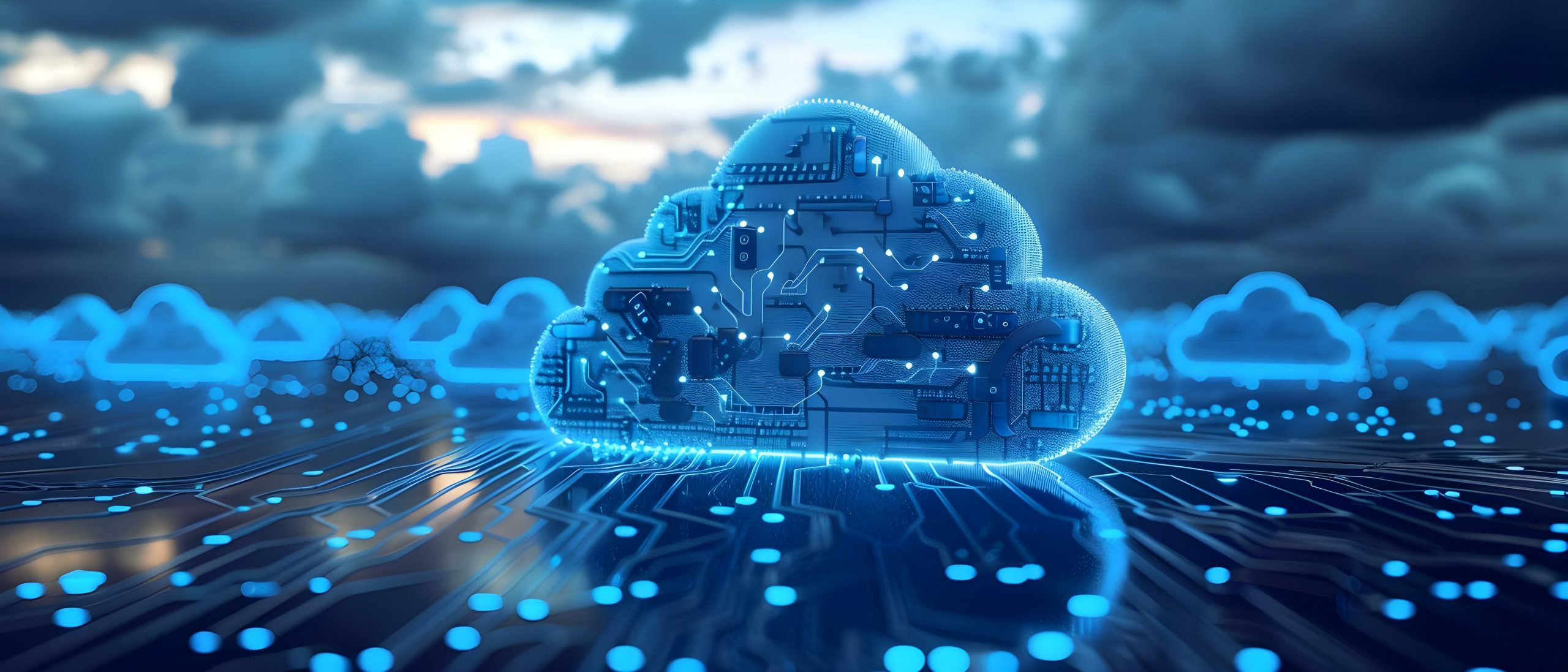 Digital concept of cloud computing with circuit board pattern forming a cloud shape over a networked background, symbolizing Azure cloud migration and modernization.