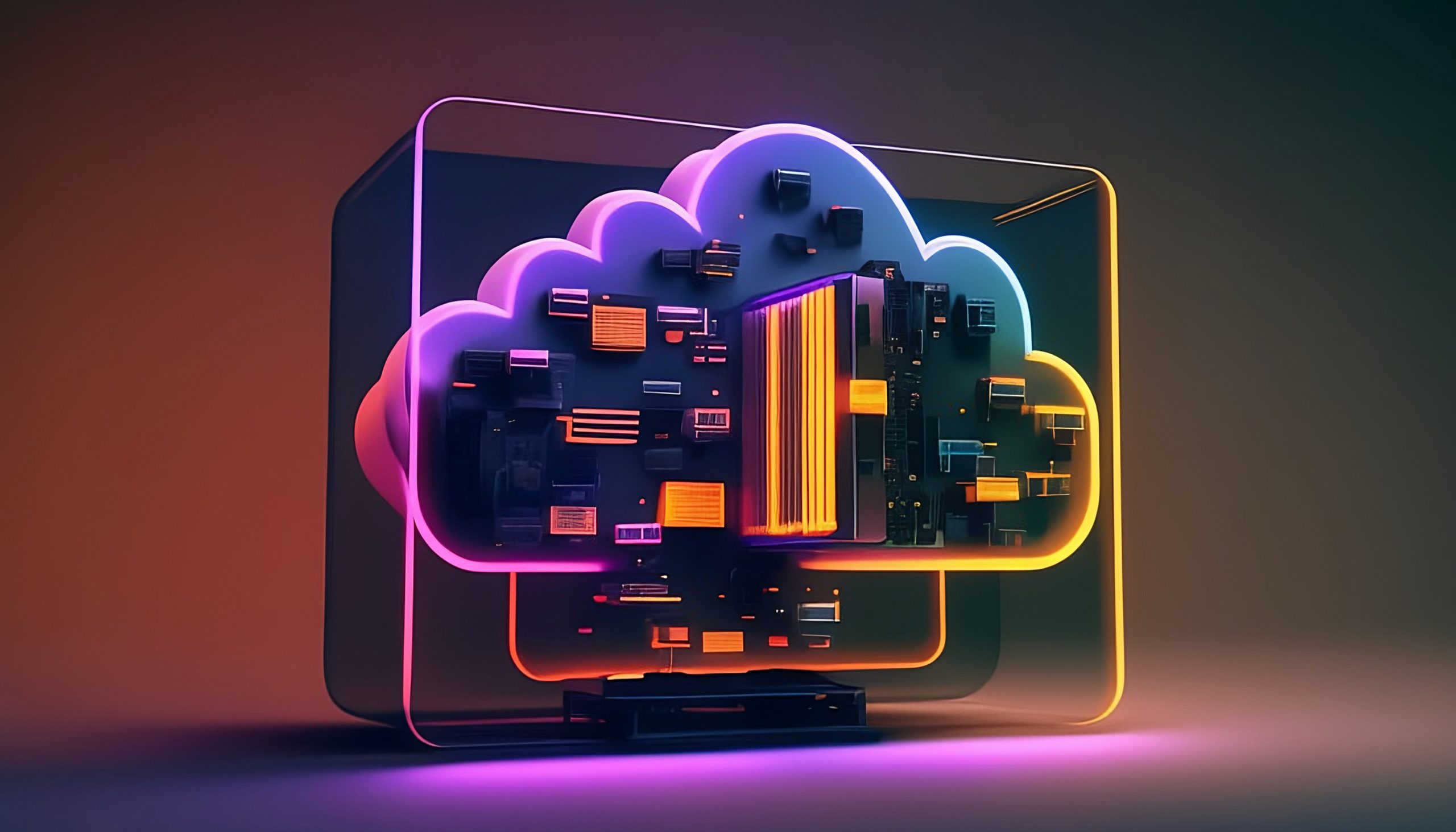 Stylized 3D representation of cloud computing with vibrant colors, showcasing interconnected digital components within a cloud-shaped framework.