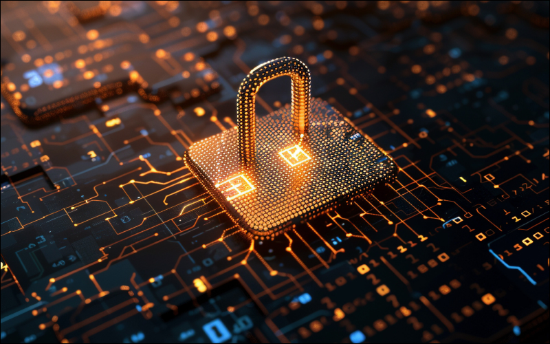 A digital representation of a padlock symbol made up of illuminated pixels, set against a dark background with intricate, glowing circuitry patterns. The image evokes themes of cybersecurity and digital protection.