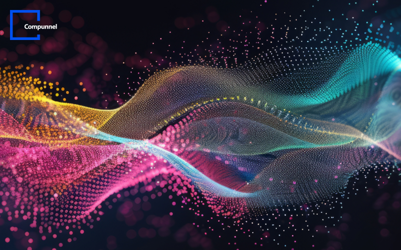 Colorful abstract waves of data particles representing AI and digital transformation with the Compunnel logo.
