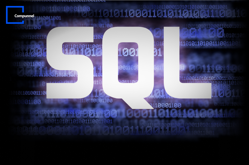 Compunnel logo in the top left corner with the text 'SQL' prominently displayed in the center against a background of binary code.