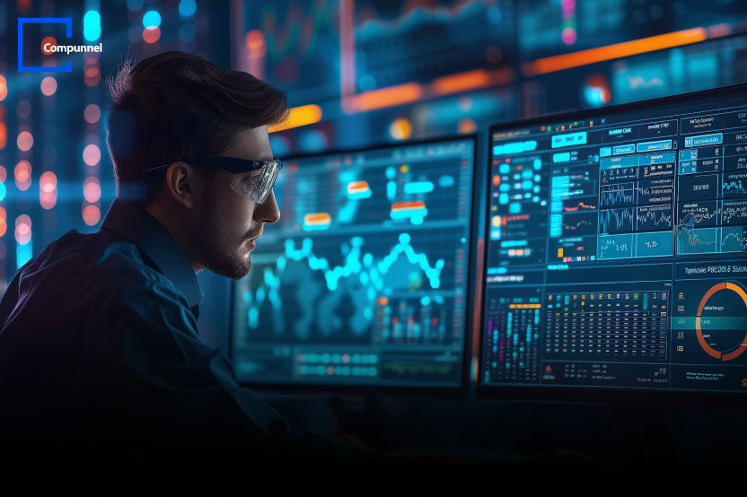 A business professional analyzing real-time data on multiple monitors, showcasing Compunnel DataVision Service's advanced data visualization and AI-driven insights