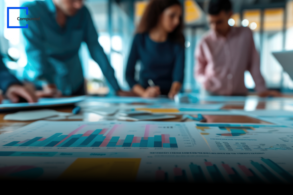 Business team analyzing data charts and graphs on a table, showcasing collaborative efforts and data-driven decision-making with Compunnel DataVision.