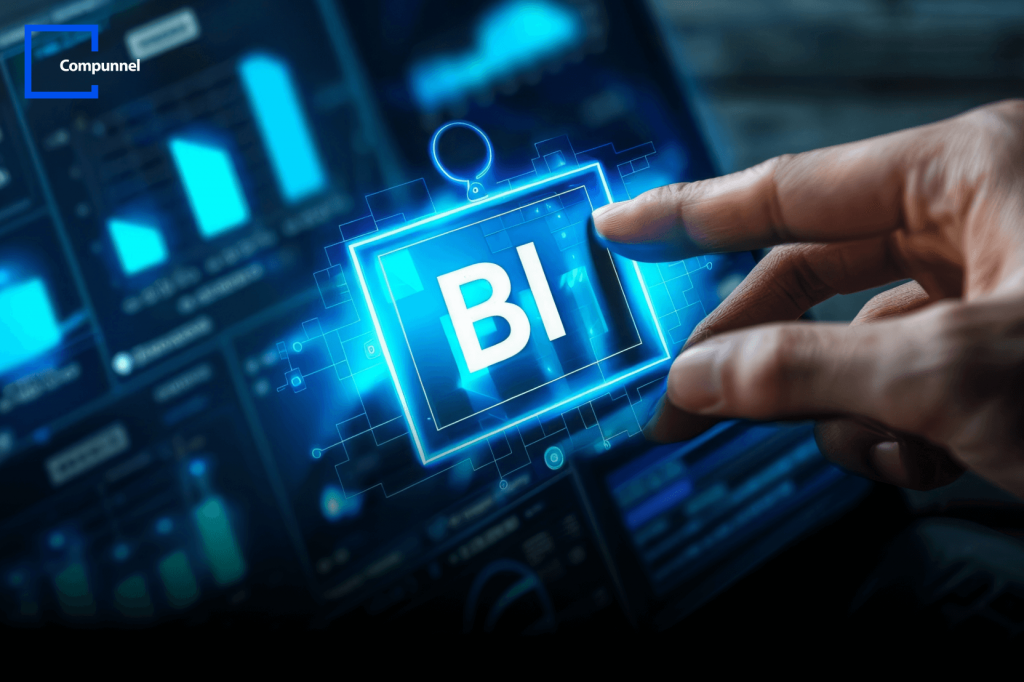 Hand interacting with a digital Business Intelligence (BI) interface on a screen, showcasing Compunnel's advanced data analytics.