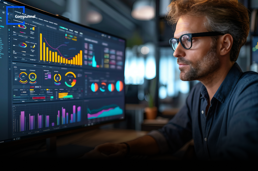 Focused professional analyzing complex data visualizations on a computer screen, highlighting the power of Compunnel DataVision for advanced analytics.