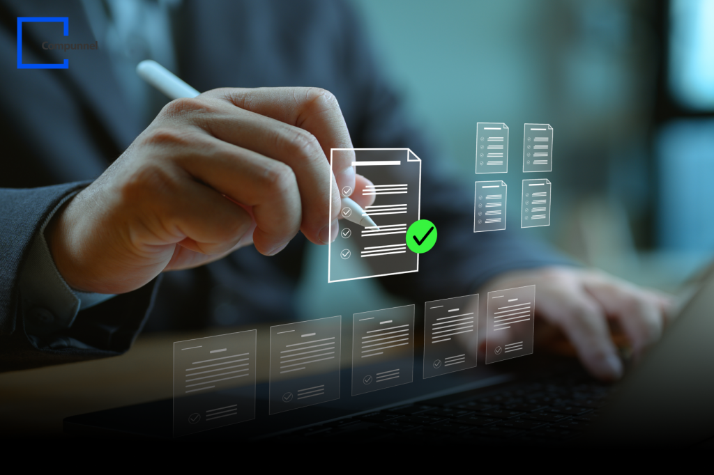 Business professional analyzing data on a digital interface with a green checkmark symbolizing data accuracy and validation, with the Compunnel logo in the background. 