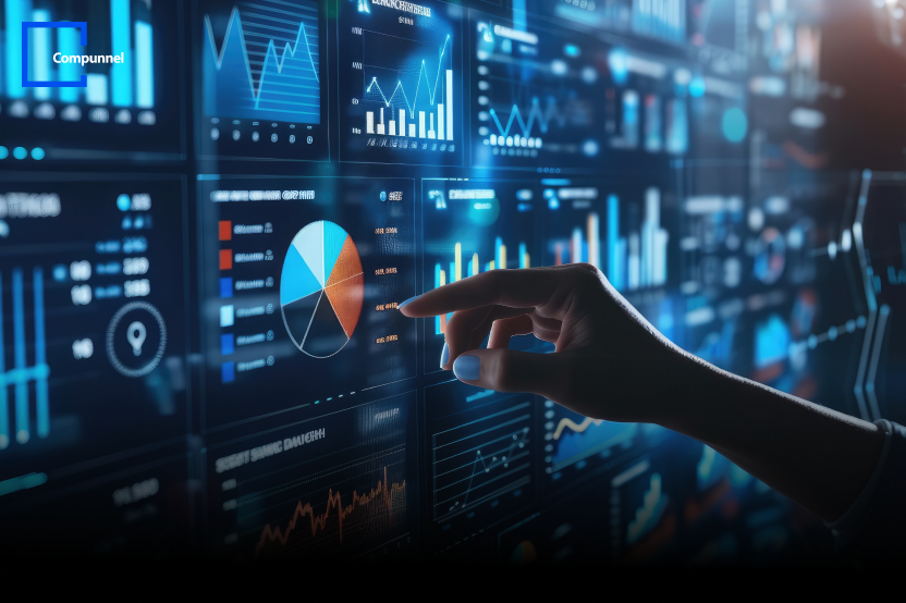 A hand interacting with data visualizations on a high-tech screen, representing real-time data analytics."