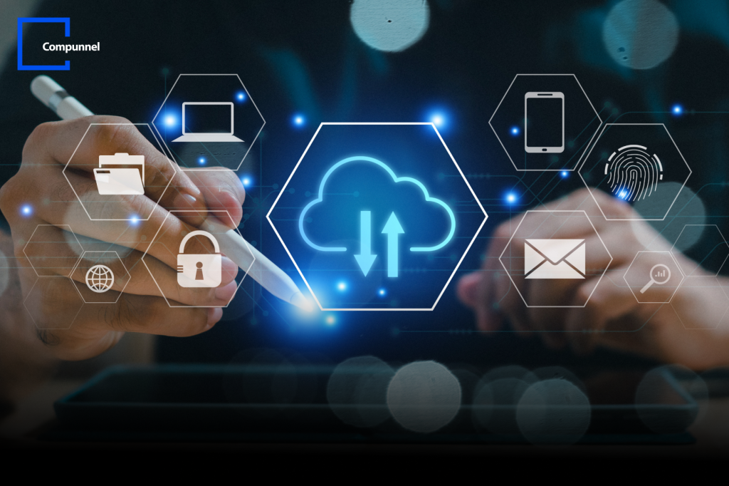 Digital transformation concept with icons representing cloud computing, data security, and analytics on a futuristic screen.