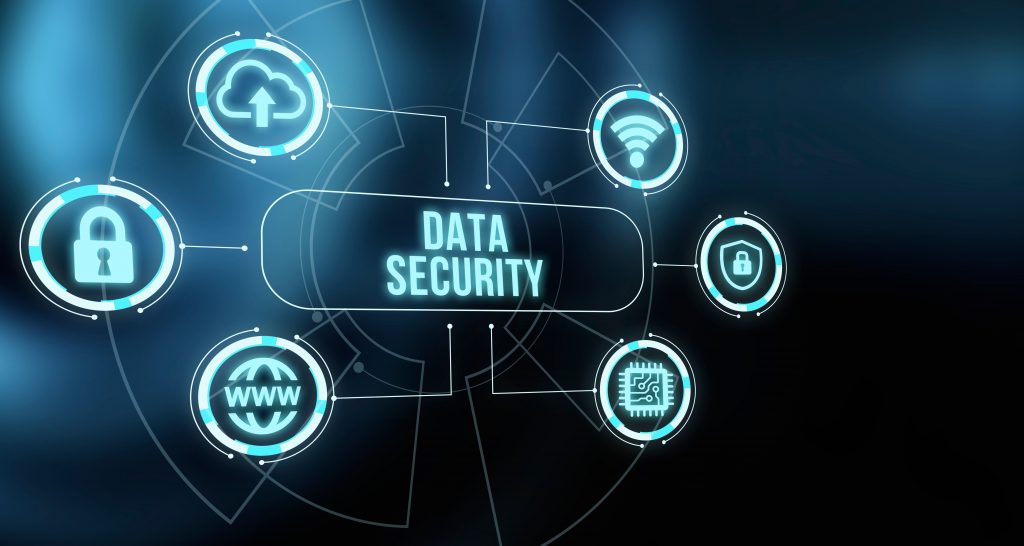 A digital illustration representing data security, featuring interconnected icons such as a padlock, cloud storage, wireless signal, and a circuit board, all surrounding the central text 'Data Security' on a dark blue, futuristic background.