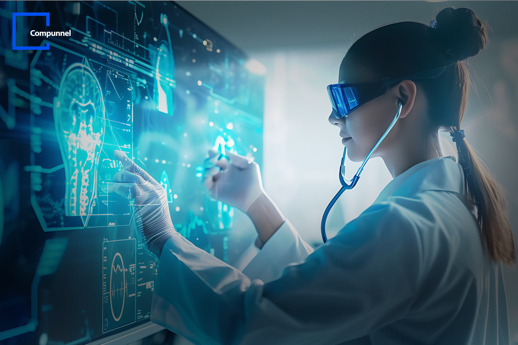 Futuristic dashboard showing pharmaceutical data visualization with charts and graphs, illustrating clear insights from complex data.